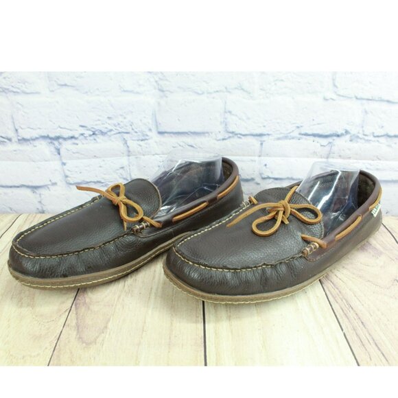 LL Bean Brown Leather Flannel Lined Handsewn Moccasin Slippers Size 13 M - Picture 2 of 9